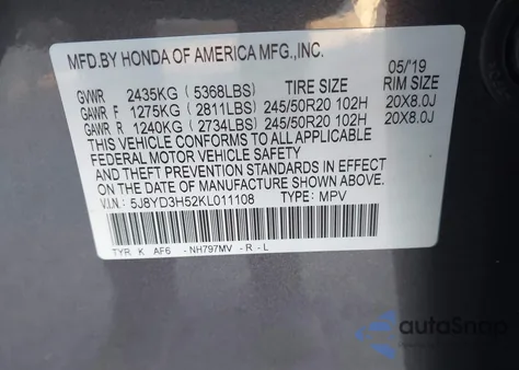 2019 Acura Mdx Tech Pkg z USA, uszkodzony, nr VIN 5J8YD3H52KL011108